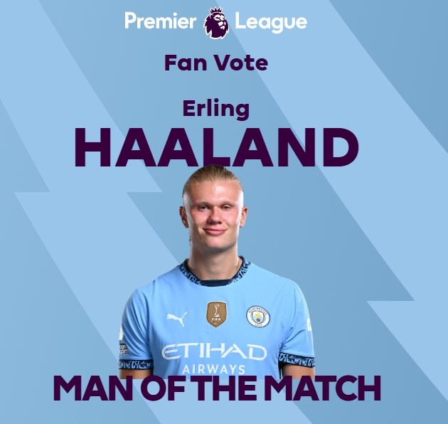 打進致勝球！英超官方：哈蘭德當選曼城1-0熱刺全場最佳球員